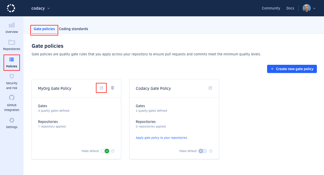 Editing an existing gate policy